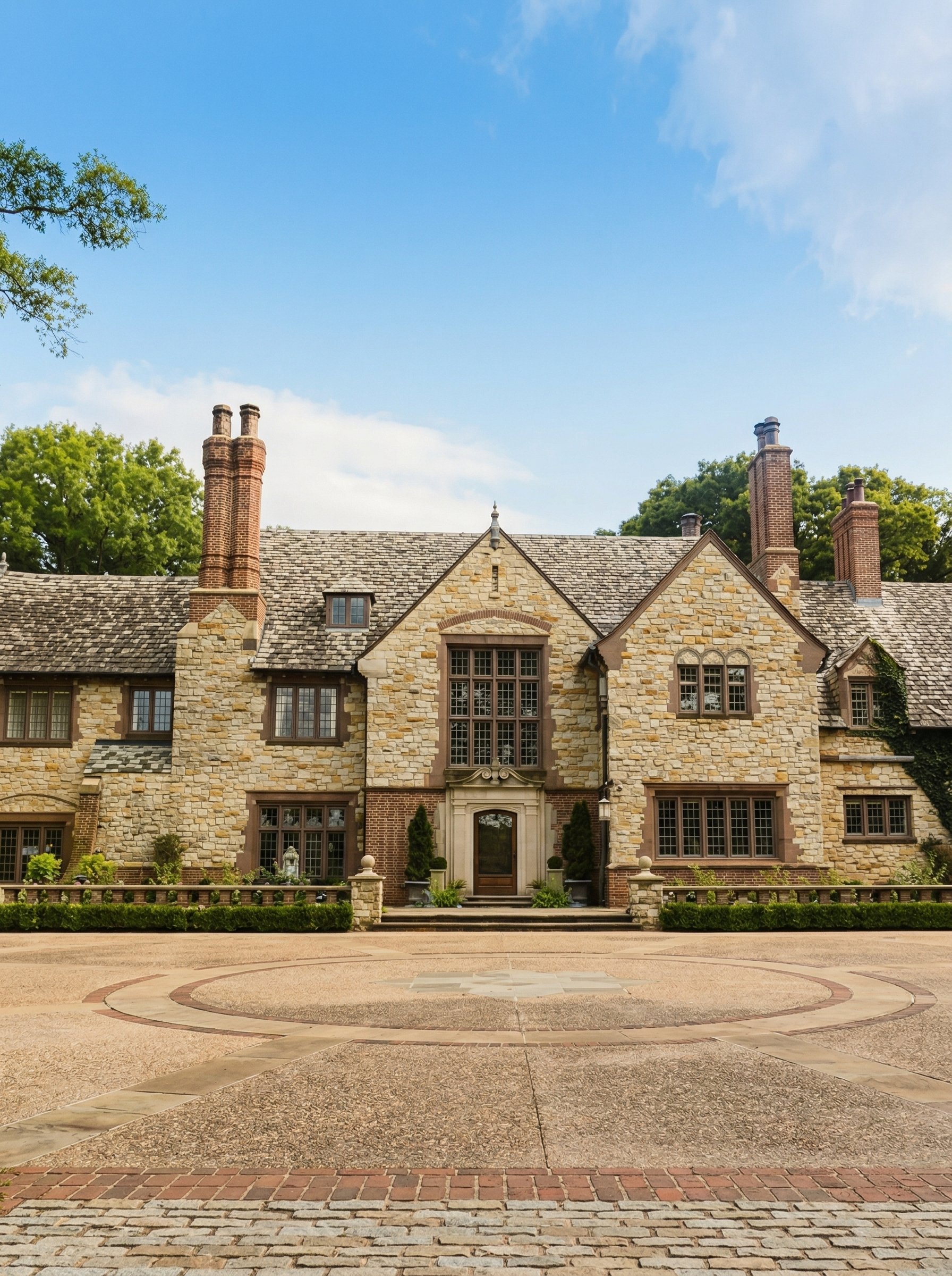 Front facade of grand English-style stone mansion with circular driveway and mature trees