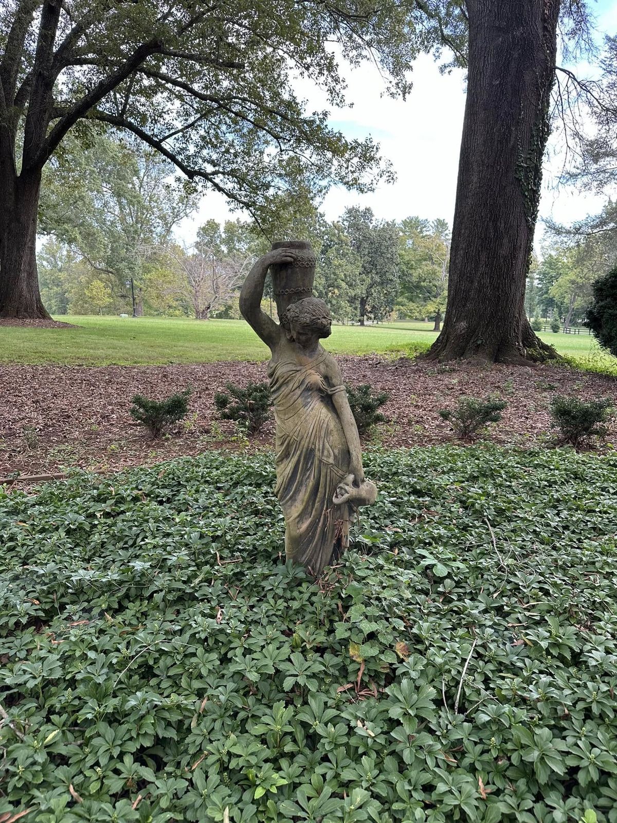 Classical stone statue of draped female figure among pachysandra with expansive lawn