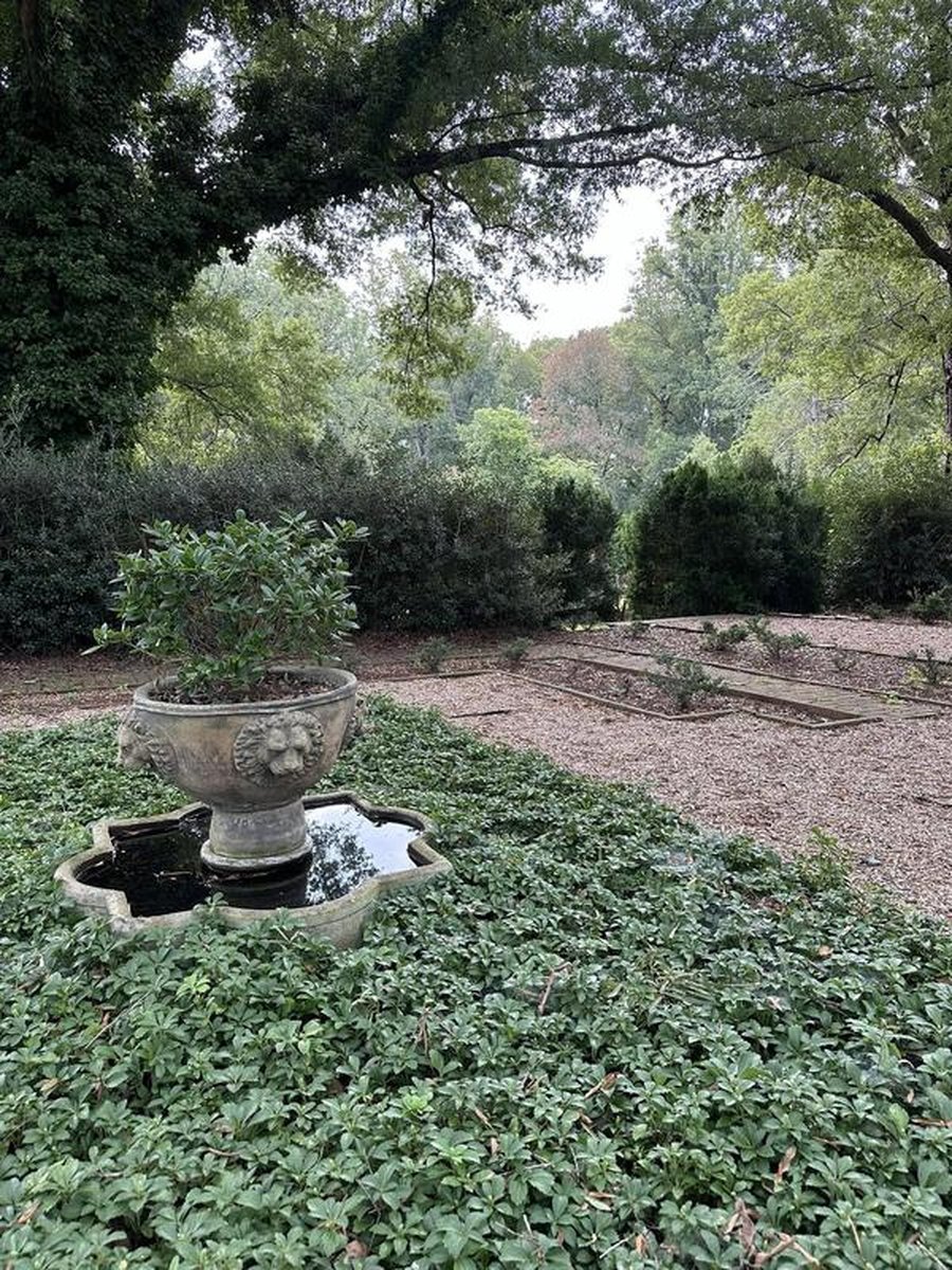 Stone fountain with lion-head motifs surrounded by ground cover in formal garden