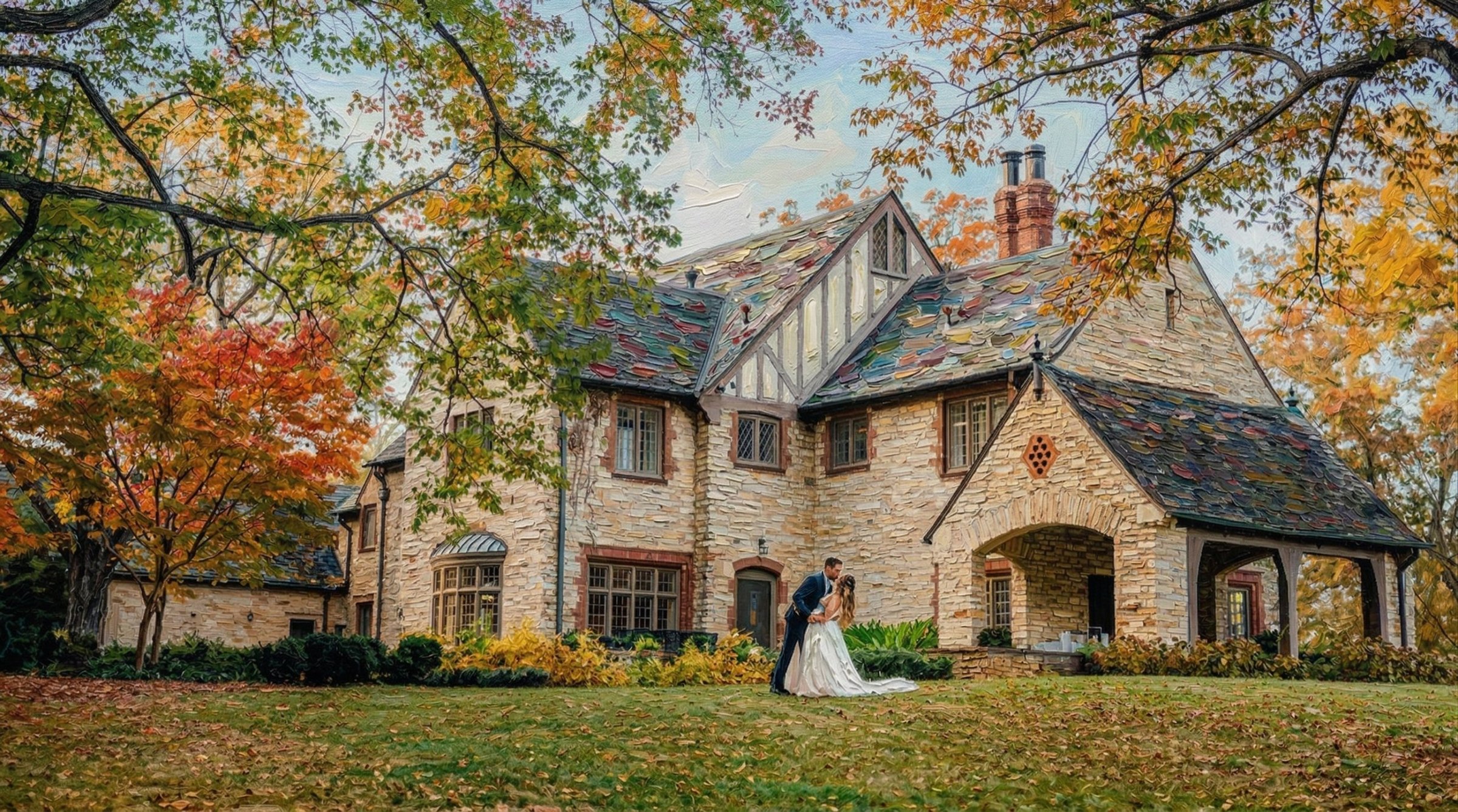 Bride and groom kissing in front of Stoneleigh Estate's Tudor stone mansion surrounded by vibrant autumn foliage